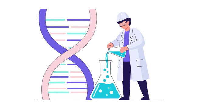 Genetic Engineering and Biotechnology Flat Vector Illustration: Scientist Working beside DNA Helix and Laboratory Flasks