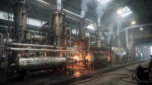 Industrial process showing coal tar distillation for producing hard pitch used in highstrength electrodes with equipment and vapor emissions in a factory setting.