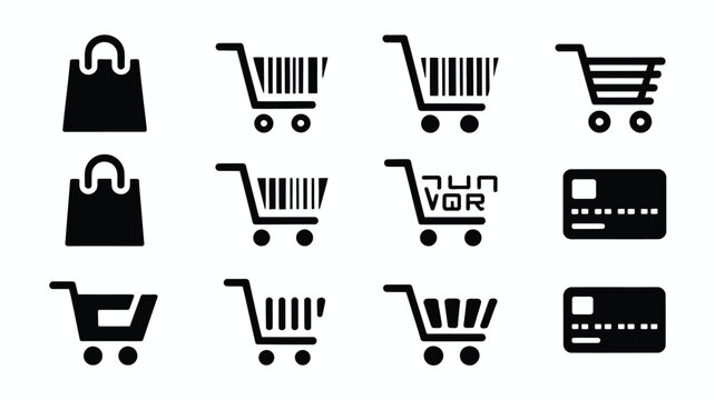 Retail shopping icons including paper bags grocery carts barcode scanners and credit cards.