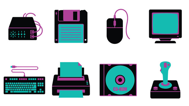 Retro Computer Hardware Icons: A Collection of Vintage Technology Symbols.