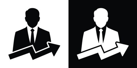 Businessman silhouette with an upward trending arrow. Concept of career growth, financial success, and market increase. Vector icon set. © bibin