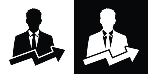 Businessman silhouette with an upward trending arrow. Concept of career growth, financial success, and market increase. Vector icon set. © bibin