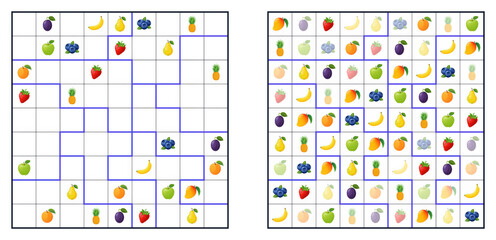 Jigsaw sudoku logic puzzle game with fruits and berries answer. Educational math worksheet for decoding irregular grid geometry with cute food icons strawberry, apple, banana for school and kids. © Yana Zolotova