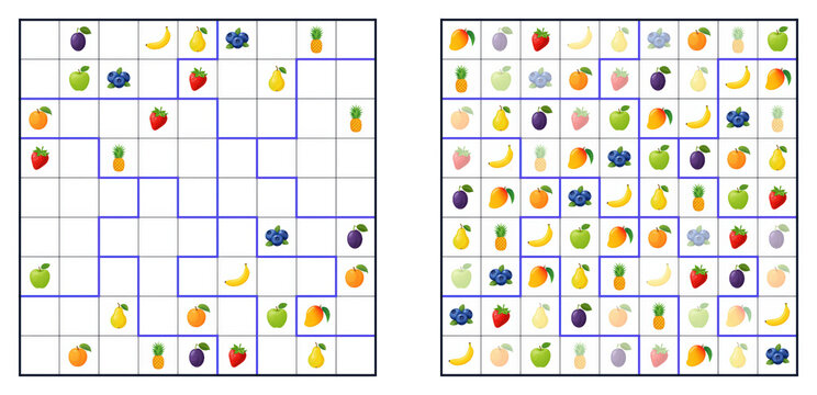 Jigsaw sudoku logic puzzle game with fruits and berries answer. Educational math worksheet for decoding irregular grid geometry with cute food icons strawberry, apple, banana for school and kids.