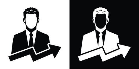 Businessman silhouette with an upward trending arrow. Concept of career growth, financial success, and market increase. Vector icon set. © bibin