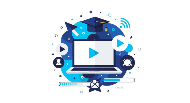 Online Education and E-Learning Platform Concept Illustration with Laptop, Graduation Cap, and Video Play Icons on Abstract Blue Background