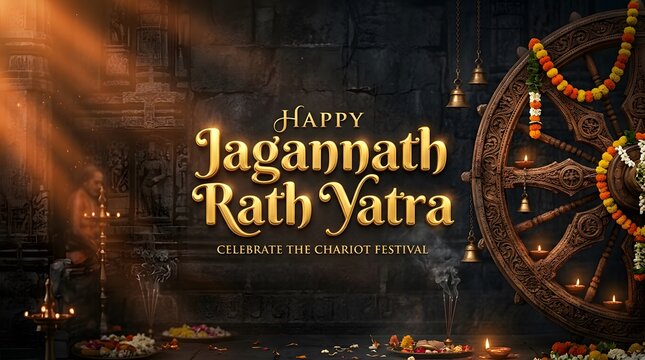 Happy jagannath rath yatra greeting banner with chariot wheel