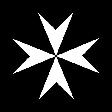 Maltese cross symbol from civil flag of Malta. Maltese white cross on black background.