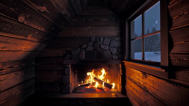 Cozy log cabin interior with burning stone fireplace at winter night. Seamless looping 4k video background