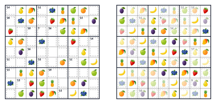 Killer sudoku math logic puzzle game with fruits and berries answer. Educational worksheet for decoding cages sum with cute food icons strawberry, apple, banana for school, kids and printables.