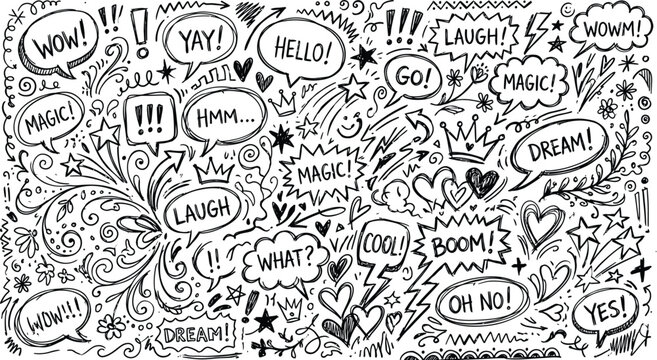 Hand drawn comic speech bubbles and doodles on white background