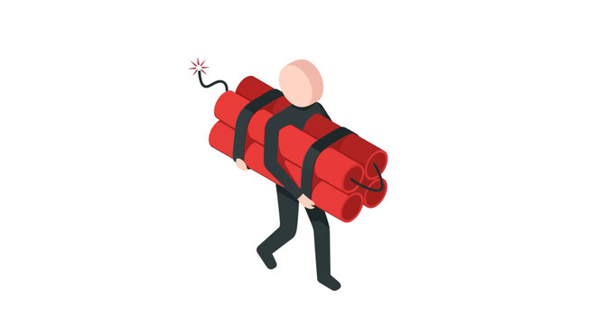 Cartoon character carrying giant lit dynamite bundle.