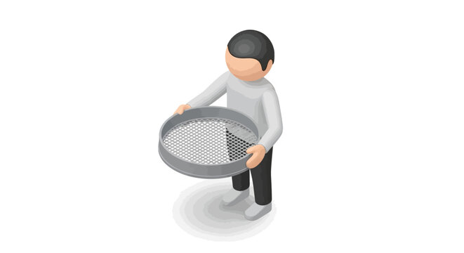 Cartoon character holding large strainer or colander upright.