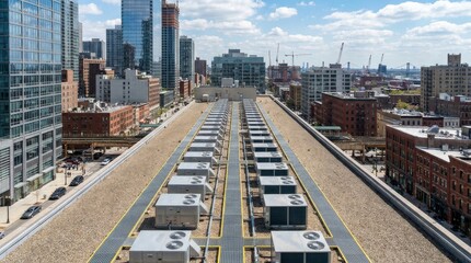 Obraz premium Rows of industrial HVAC units on a flat urban rooftop overlooking a city skyline.
