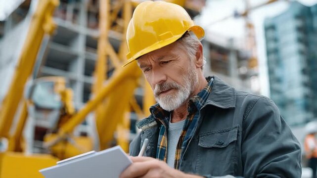 Construction Supervisor's Diligent Work: An experienced construction supervisor wearing a yellow hard hat intently reviews a clipboard, his focus sharp amidst the ongoing building project.