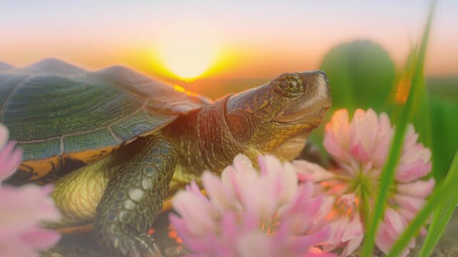Turtle Slowly Exploring Flower Filled Meadow at Sunrise with Soft Glowing Light Nature Scene
