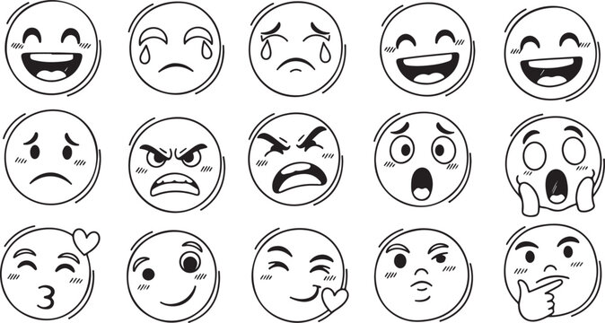 A charming set of 15 hand-drawn, outline-style faces representing a diverse range of human emotions.