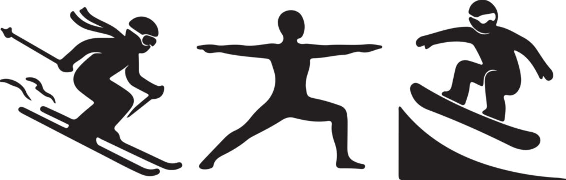 Black silhouettes of skier, yogi and snowboarder
