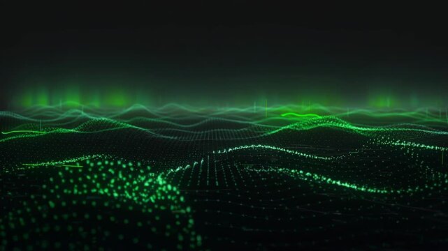 Futuristic glowing green digital waves flowing smoothly over a dark landscape with high tech vibes