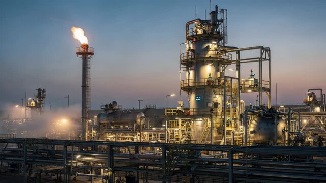 Dusk scene with illuminated emergency scrubber and flare system highlighting vital infrastructure for gas release management during plant upset conditions.