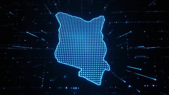 Digital glowing Kenya map of blue dots, symbolizing technology, connectivity, innovation, and futuristic national identity.