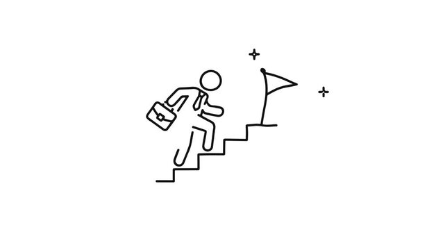 Animated businessman climbing stairs to reach flag goal line icon on white background. Loop animation of career growth, business success, and corporate development concept for video.