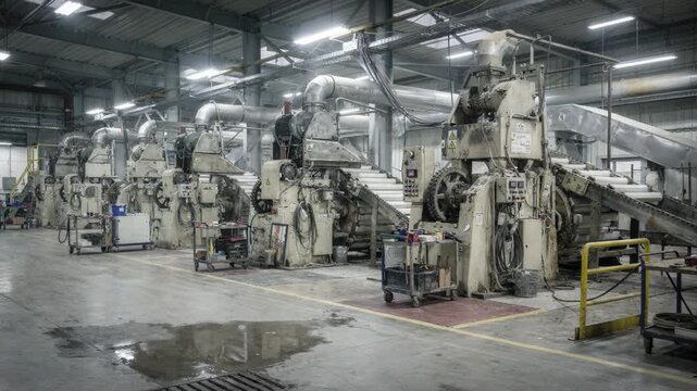 Empty mechanical pulping hall featuring idle refining machines and conveyors showcasing equipment maintenance and the stillness between production cycles.