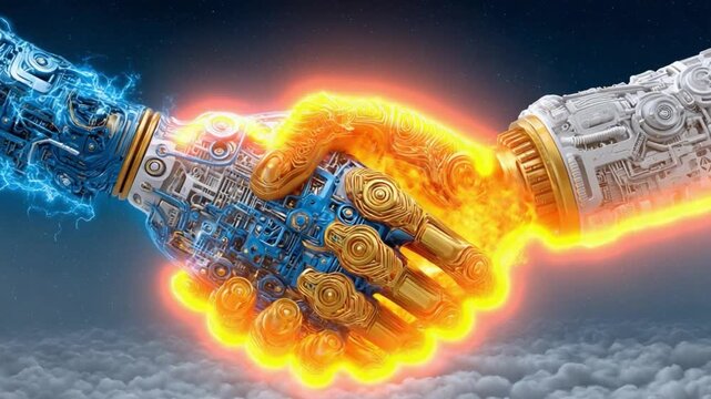 Synergy of Fire and Ice: A robotic hand, crackling with electric blue energy, shakes a hand emanating fiery orange warmth, symbolizing a powerful alliance between technology and innovation.