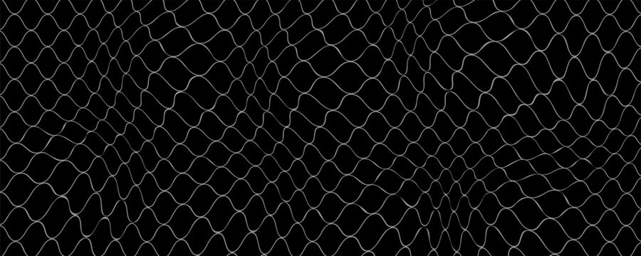 Fishing net seamless pattern. Soccer and football gates mesh. Fishnet texture. Basketball hoop and hockey net pattern. Sportswear texture. Chain link fence. Vector illustration on black background.