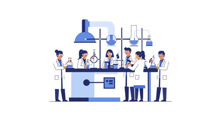 Fototapeta premium Team of Diverse Scientists Working in Modern Laboratory Flat Vector Illustration. Professional Research and Development Concept with Lab Equipment and Glassware.