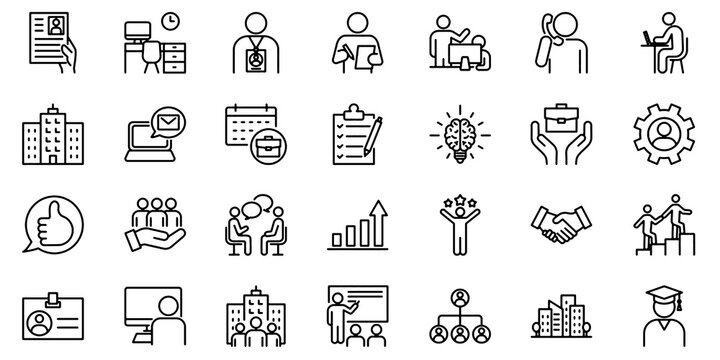Internship Icon Set &ndash; Students, Training, Job, Resume, Interview, Teamwork, Business, Education, Mentor, ID, Phone Support. Editable Stroke, Vector Illustration