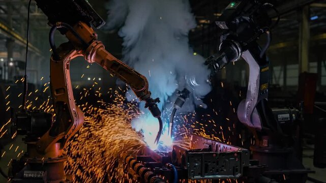 Advanced industrial robots welding metal parts with sparks flying in modern manufacturing plant