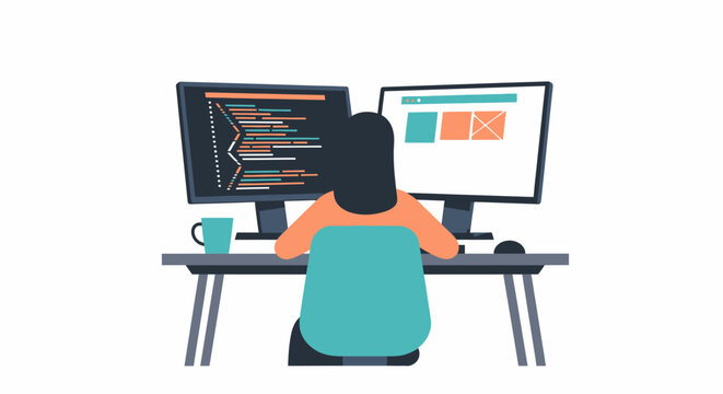 Female Software Developer and Web Designer Working with Dual Monitors, Coding and UI Layout Design Illustration