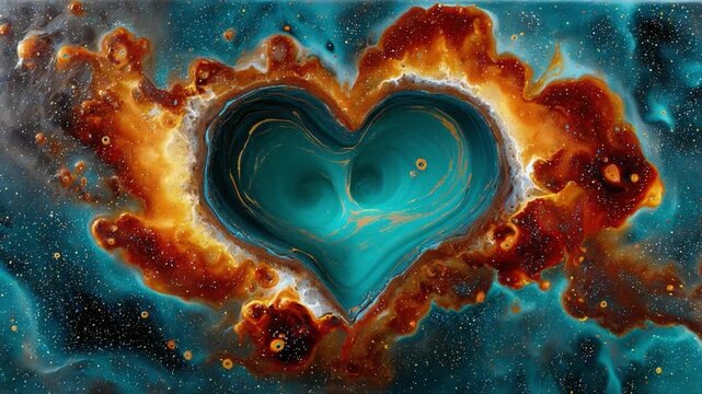 Cosmic Heart Nebula: A vibrant heart-shaped nebula glows with intense blues and oranges, swirling in the vast expanse of space, symbolizing love and cosmic wonder.