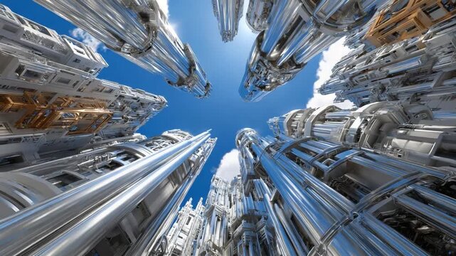 Futuristic Metropolis: A worm's eye view of towering, futuristic skyscrapers with metallic facades reaching towards a bright blue sky, suggesting advanced technology and urban development.