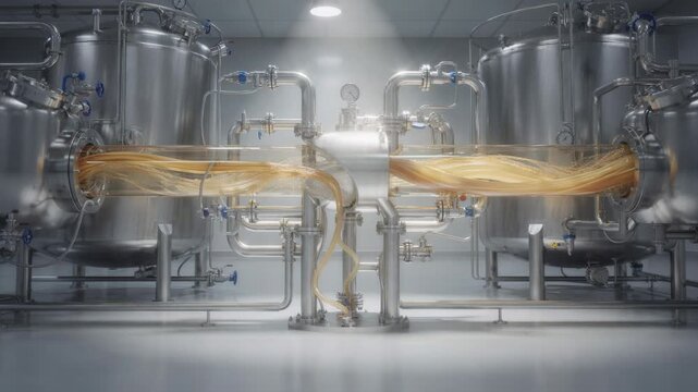 Manifold system connecting several tanks spotlighting the controlled flow and mixing of various gums and resins to create tailored resin formulations in a clean production area.