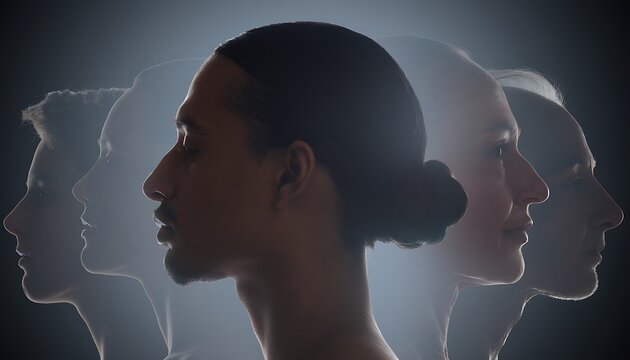 Multiple human head silhouettes in profile view conceptual photography.