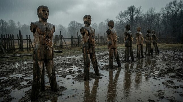 Row of Wooden Humanoid Dummies in Muddy Training Ground Under Gloomy Sky.