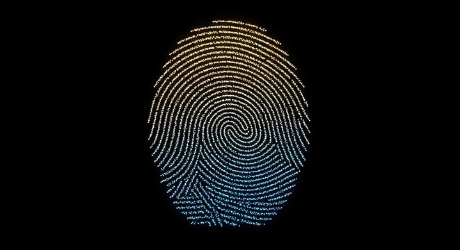 Luminous fingerprint scanning symbol made of gold and blue dots. Biometric security authentication and personal data protection concept. Identity digital print glowing on dark backdrop.