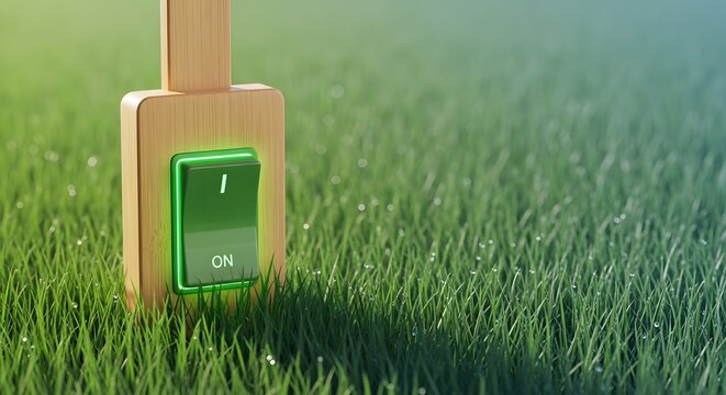 Wooden power switch toggled on in green grass. Sustainable lifestyle and renewable energy choices. Modern green toggle button mounted on timber post outdoors.