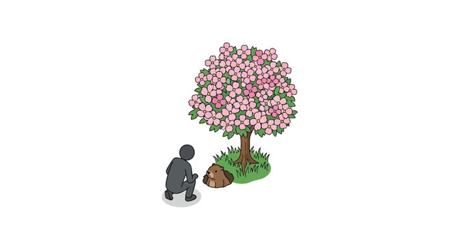 Cute cartoon gorilla resting under blooming tree.