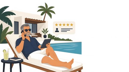 Fototapeta premium Relaxed Older Man Sun Lounging by Pool Reading Tablet in Resort