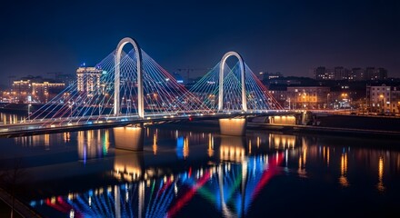 Fototapeta premium Modern cable stayed bridge illuminated with multicolored neon lights at night. Urban infrastructure development. City architecture reflecting vibrant rainbow colors on a calm river.