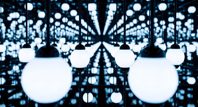 Symmetrical rows of glowing white spherical hanging bulbs. Modern architectural lighting and creative interior designs. Infinite reflection pattern creating a deep matrix background.