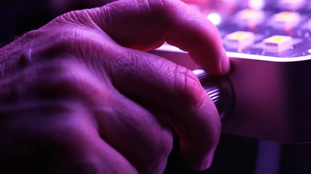 Close-up of a hand adjusting a purple LED light panel.