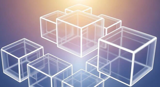 Abstract transparent geometric cubes floating over a blue background. Cloud computing database and blockchain network systems. Glowing three dimensional wireframe blocks creating a structure.