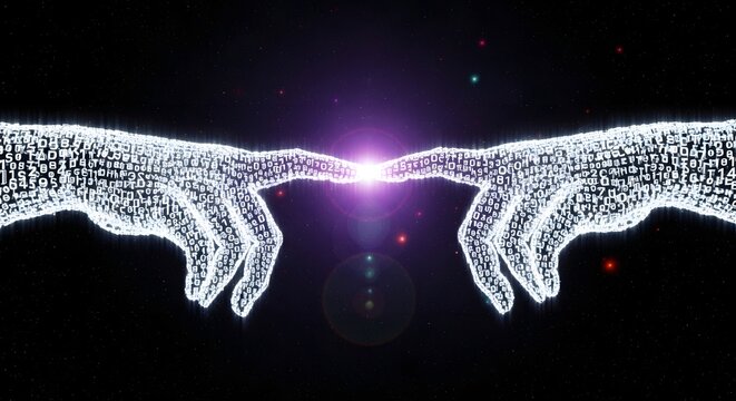 Digital connectivity and artificial intelligence concept. Human machine interaction. Two glowing binary code hands stretching out to touch fingertips in space