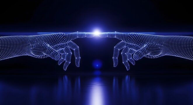 Cybernetic interaction and virtual reality network concept. Future communication system. Glowing wireframe particle hands stretching towards each other to make contact