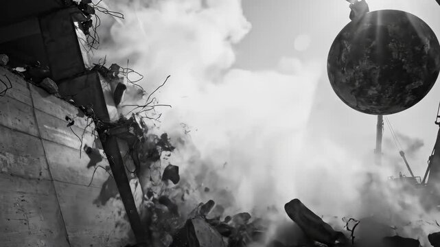 A massive wrecking ball dramatically breaks apart a concrete structure amidst clouds of dust and debris during demolition