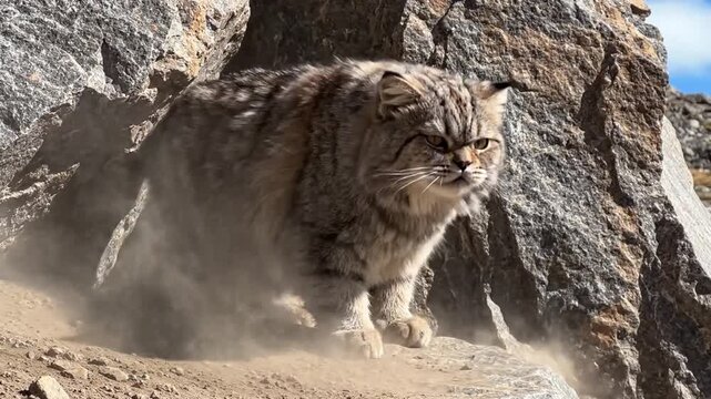 Pallas cat emerging from rocky crevice in Altai mountains, showcasing wild feline's natural habitat.
